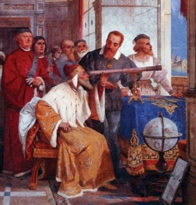 Galileo observing through telescope